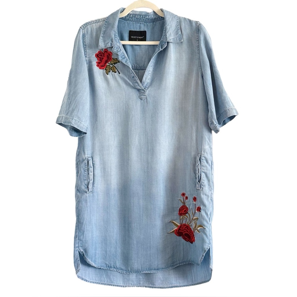 🌼 Velvet Heart Chambray Dress with Floral Embroidery